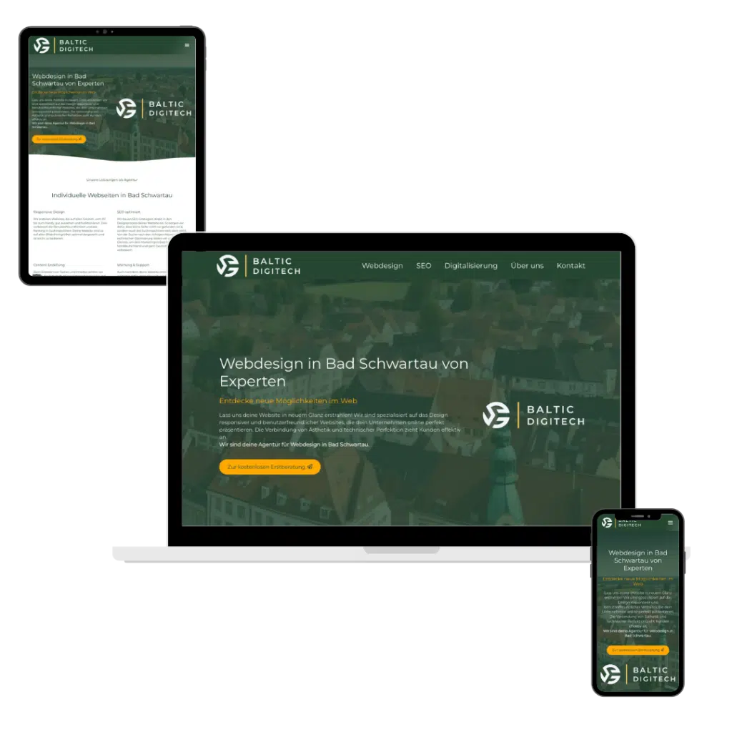 Schreibe mir jetzt bitte SEO optimierte Alttext, Beschriftung und Beschreibung für ein Bild zum Keyword "Webdesign Lütjenburg". Das Bild zeigt die responsive Landingpage für Webdesign in Lütjenburg der Agentur für Webdesign mit dem Namen "Baltic DigiTech" auf einem Smartphone, Tablet und Laptop. Diese sollte nicht zu identisch zu den vorherigen sein.