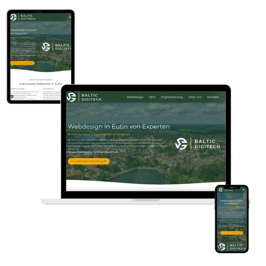 Responsive Landingpage für Webdesign in Eutin auf Smartphone, Tablet und Laptop von der Agentur Baltic DigiTech