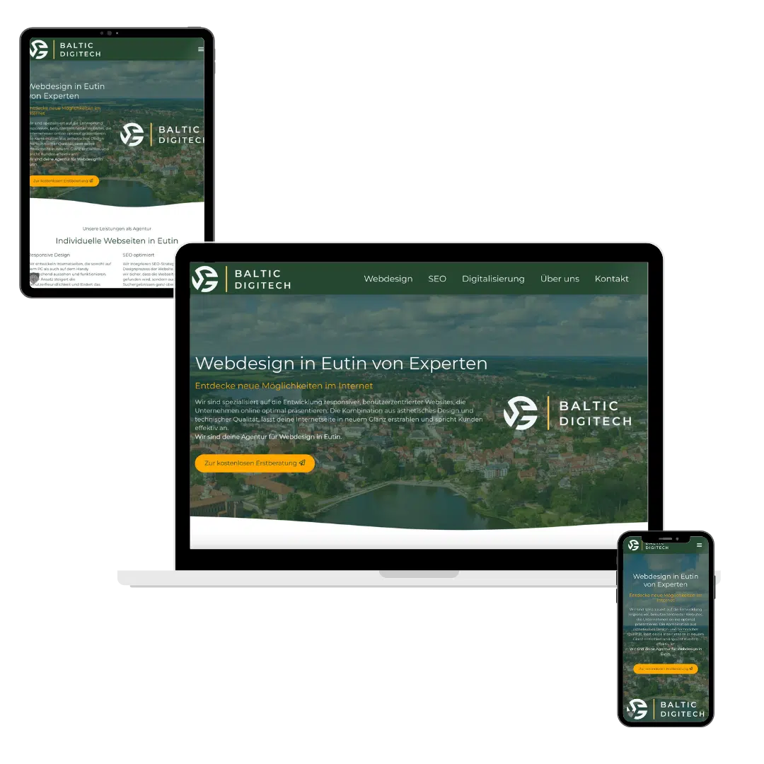 Responsive Landingpage für Webdesign in Eutin auf Smartphone, Tablet und Laptop von der Agentur Baltic DigiTech