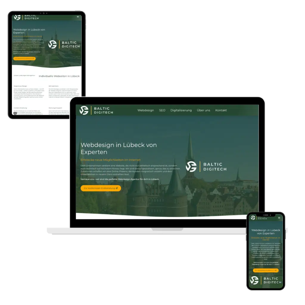 Responsive Landingpage für Webdesign Lübeck der Agentur Baltic DigiTech auf Smartphone, Tablet und Laptop