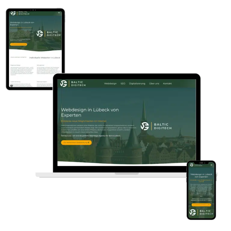 Responsive Landingpage für Webdesign Lübeck der Agentur Baltic DigiTech auf Smartphone, Tablet und Laptop