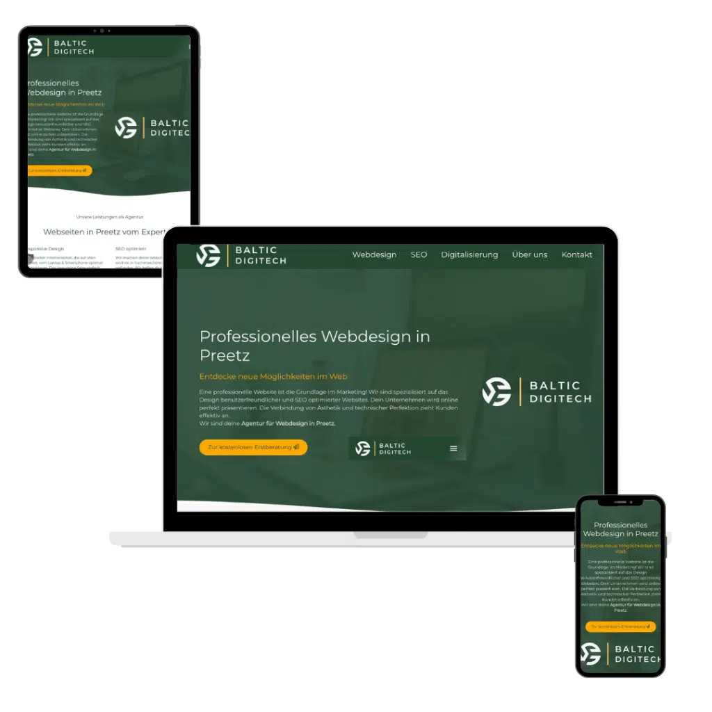 Responsive Landingpage für Webdesign in Preetz auf Smartphone, Tablet und Laptop von der Agentur Baltic DigiTech