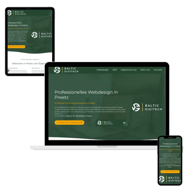 Responsive Landingpage für Webdesign in Preetz auf Smartphone, Tablet und Laptop von der Agentur Baltic DigiTech