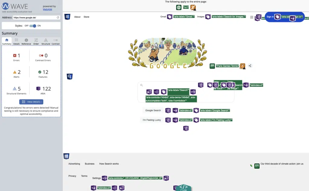 Screenshot eines Checks zur Barrierefreiheit einer Internetseite mit WAVE