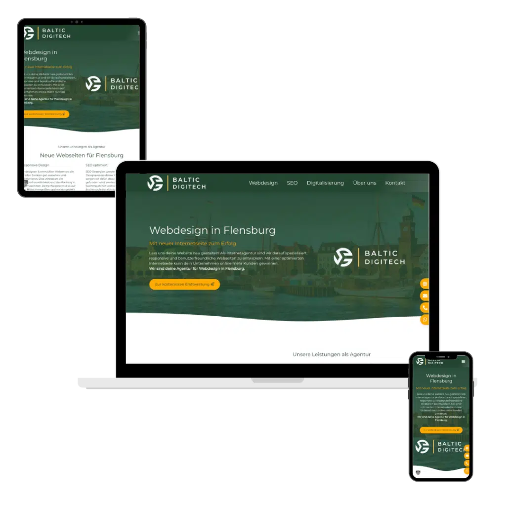 Agentur für Webdesign in Flensburg - Responsive Landingpage von Baltic DigiTech auf verschiedenen Endgeräten