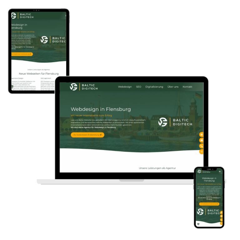 Agentur für Webdesign in Flensburg - Responsive Landingpage von Baltic DigiTech auf verschiedenen Endgeräten