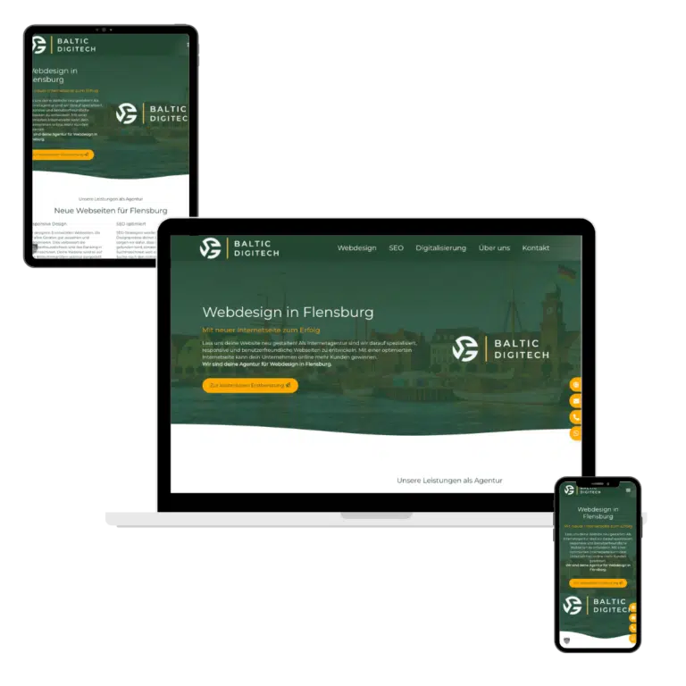 Agentur für Webdesign in Flensburg - Responsive Landingpage von Baltic DigiTech auf verschiedenen Endgeräten