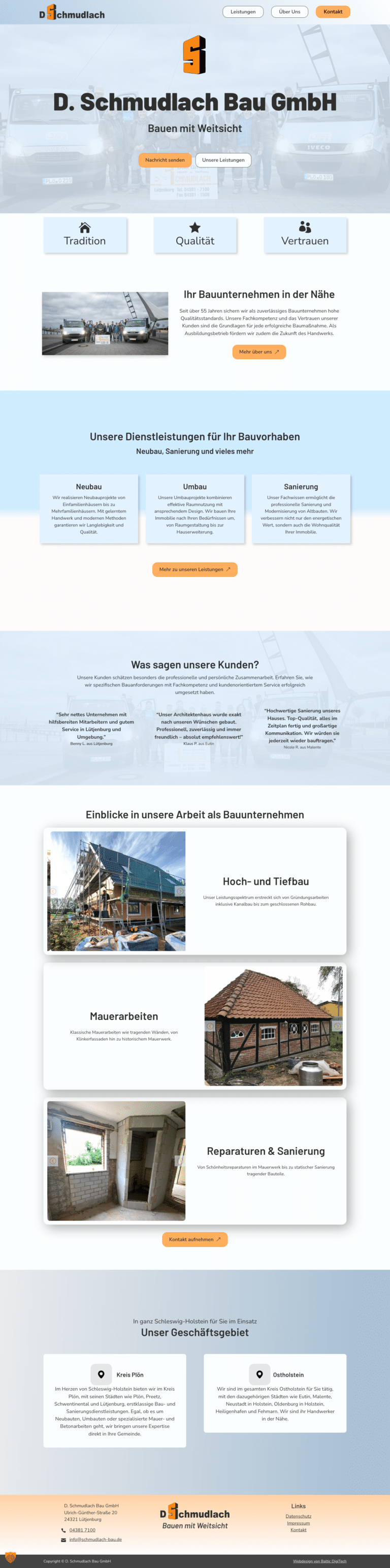 Startseite der neuen Internetseite schmudlach-bau.de für ein Bauunternehmen in Norddeutschland gestaltet durch die Agentur für Webdesign Baltic DigiTech