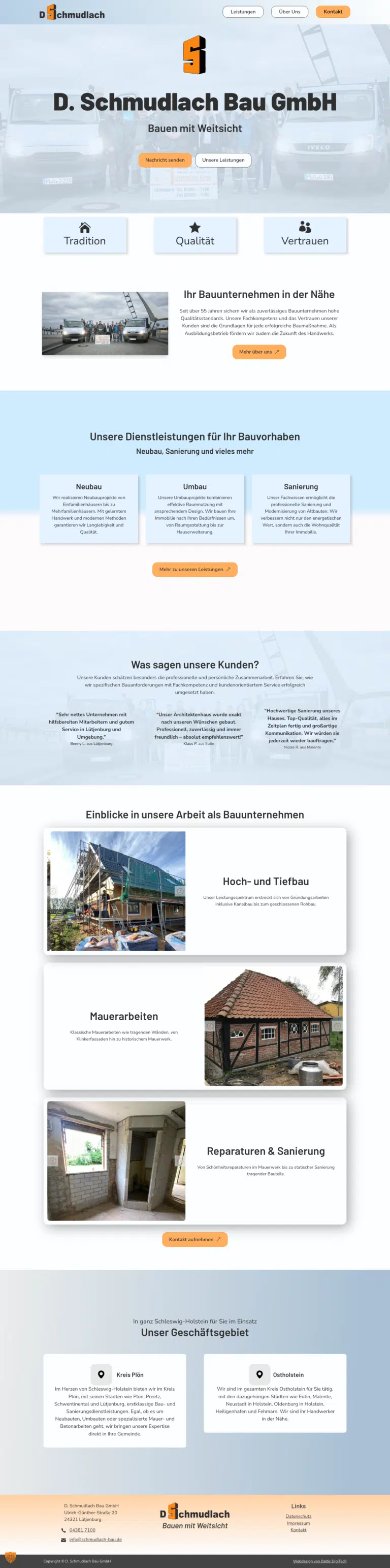 Startseite der neuen Internetseite schmudlach-bau.de für ein Bauunternehmen in Norddeutschland gestaltet durch die Agentur für Webdesign Baltic DigiTech