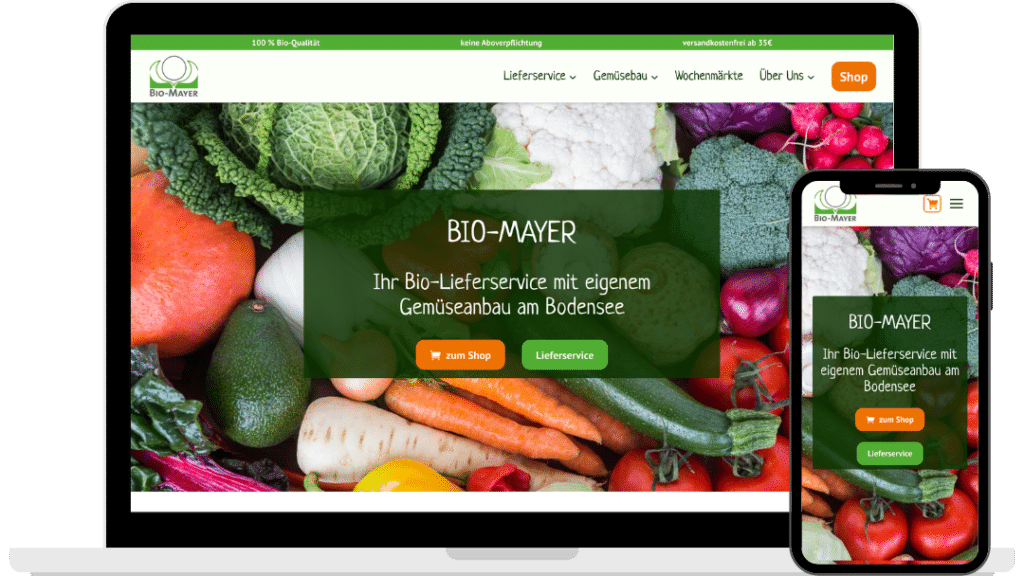 Responsive Ansicht der Website von Bio Mayer auf Laptop und Smartphone nach mit neuem Design von Baltic DigiTech