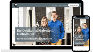 Responsive Ansicht der Website von Optiker Meisterwerk aus Malente auf Laptop und Smartphone nach Relaunch der Website von Baltic DigiTech